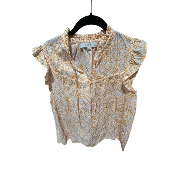 LOFT Tops - Loft Petites Orange Embroidered Ruffle‎ Neck Cap Sleeve Blouse MP Cotton Boho